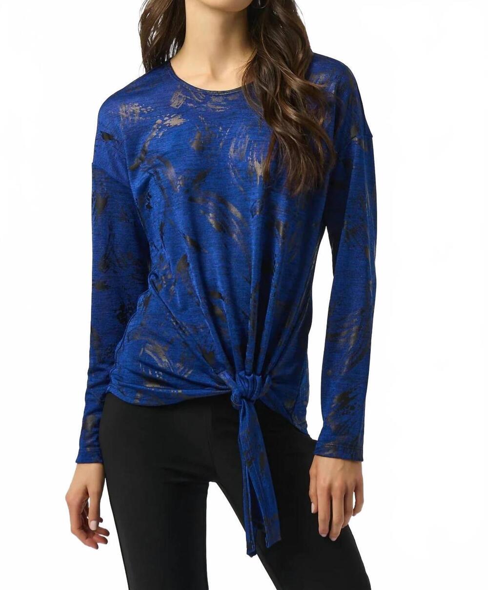 NEW JOSEPH RIBKOFF abstract print scoop neck long sleeves top in royal sapphire